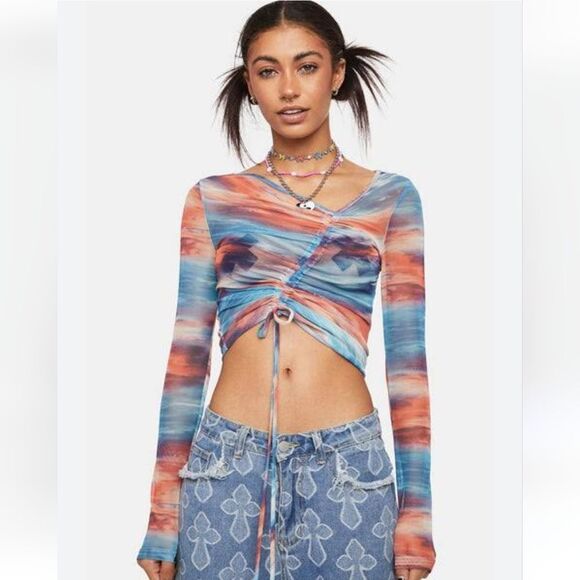 Pretty Garbage Asymmetrical Mesh Long Sleeve Drawstring Crop Top Small Y2K - Picture 1 of 8